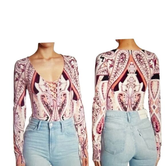 FREE PEOPLE Pick Place Bodysuit Ivory/burgundy, and multi coloring. - Picture 3 of 14